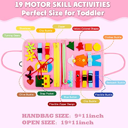 Busy Board Montessori Toy for 1 2 3 4 Year Old Toddlers - Educational Activity Developing Sensory Board for Basic Dress Fine Motor Skills - Travel